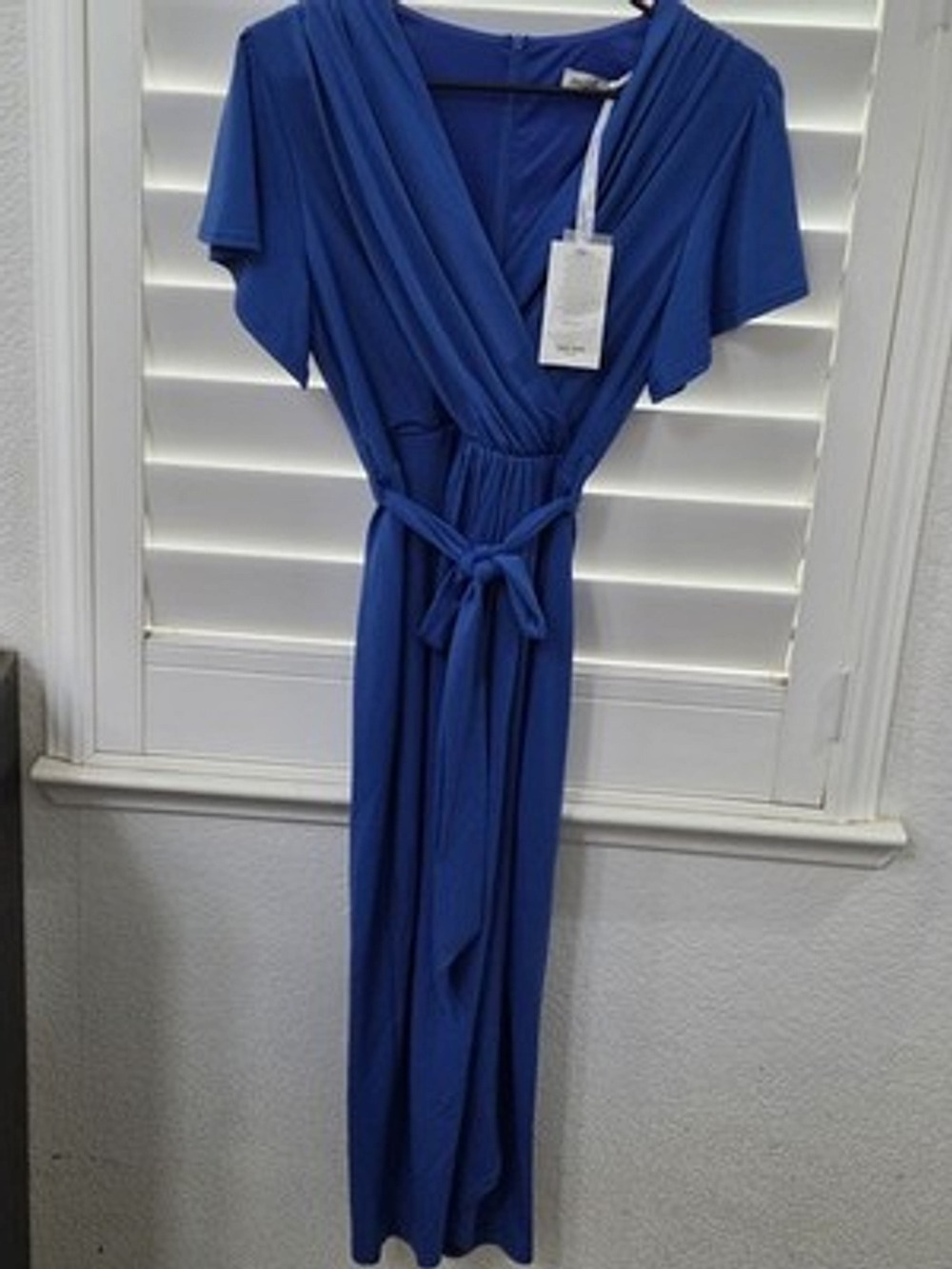 Grace Karin Blue Wrap Dress Size S Short Sleeve Belted Midi NWT